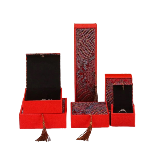 Chinese Red Jewelry Gift Box Set – Embroidered Fabric Packaging for Rings, Necklaces & Bracelets