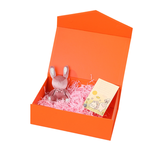 Orange House-Shaped Gift Box – Plush Bunny & Greeting Card Packaging