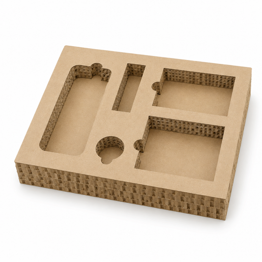 Custom die-cut honeycomb paperboard insert with five empty cavities
