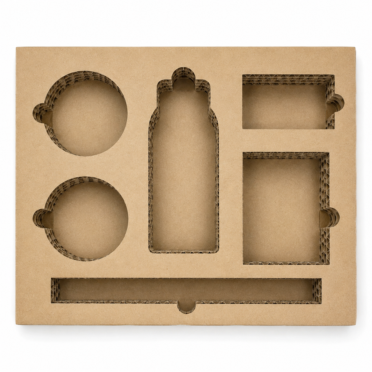 Top view of custom honeycomb cardboard tray with mixed cavity shapes