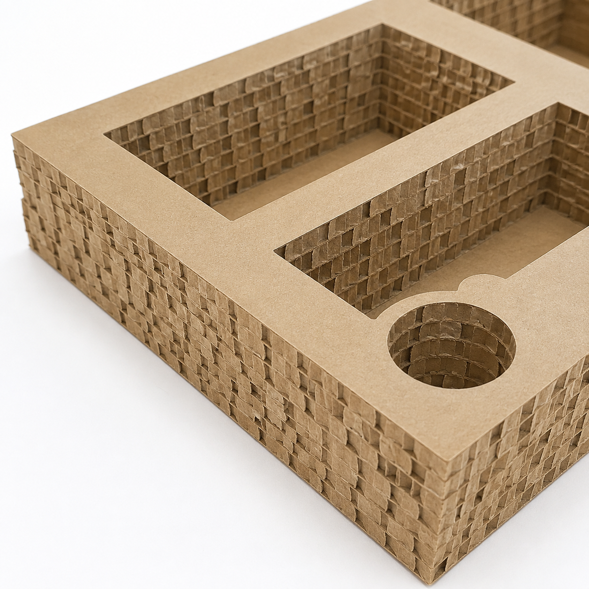 Close-up of layered honeycomb paperboard insert construction