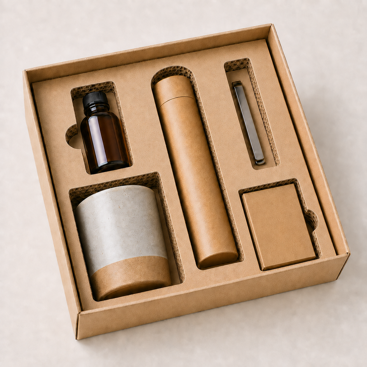 Kraft gift box with precisely fitted custom honeycomb paperboard insert holding products
