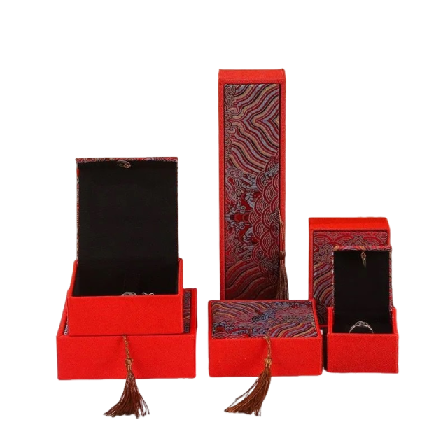 Chinese Red Jewelry Gift Box Set – Embroidered Fabric Packaging for Rings, Necklaces & Bracelets